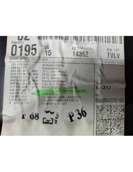 GUARNECIDO PUERTA DELANTERA IZQUIERDA VOLKSWAGEN PASSAT BERLINA (362) - 129584